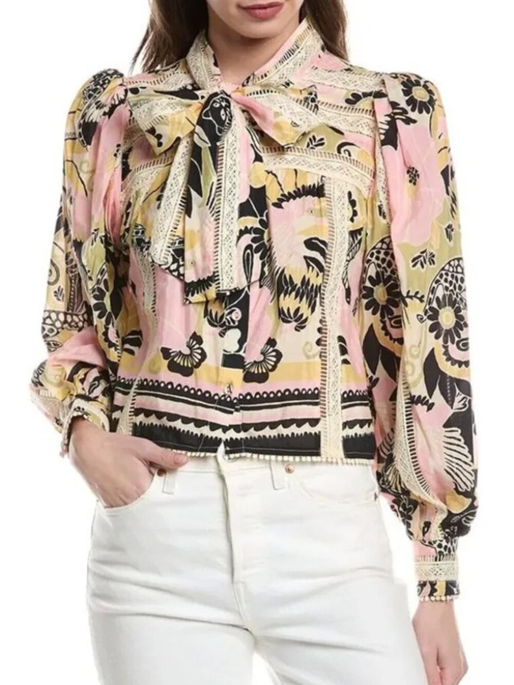 FARM RIO Vintage Forest Lace Trim Tie Bow Neck Blouse Top S Boho Designer $180